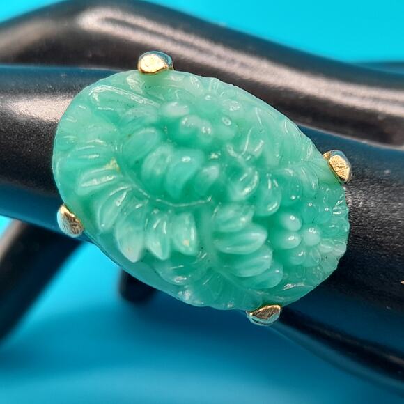 Vintage Faux Jade Flower Carved Ring Adjustable, US Size 8, Gold Tone - Picture 2 of 14
